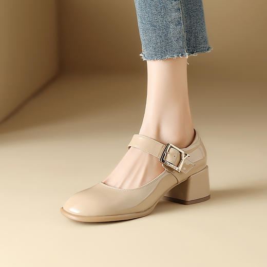 春季新款，小香风牛漆皮圆头中跟单鞋肥脚TZ-124 商品图1