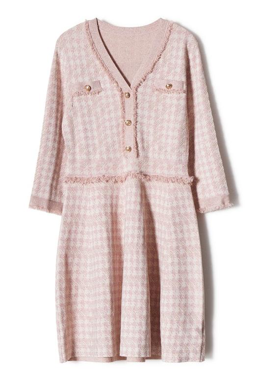 INSUN恩裳 千鸟格流苏边V领连衣裙 8818 商品图4