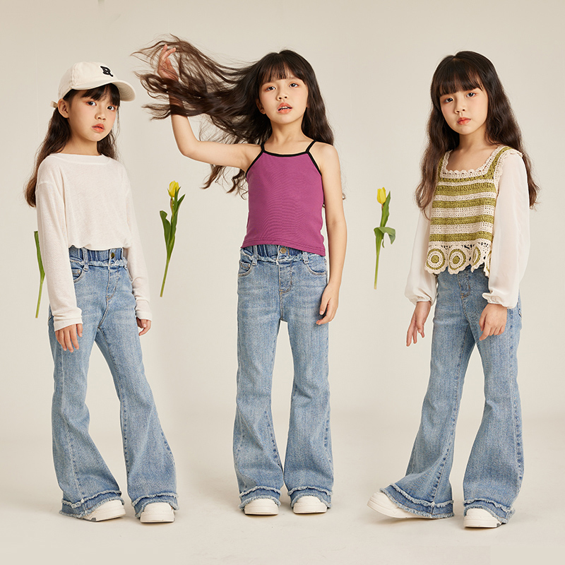 littletime女童牛仔裤春秋2023新款洋气时髦休闲裤潮浅色微喇叭裤