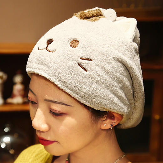 「三款可选！亲肤顺吸」干发帽可爱卡通猫咪珊瑚绒吸水毛巾 洗头擦头发加厚浴帽包头巾居家布艺 商品图2
