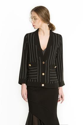 ROSEHOO 黑色V领条纹开衫 1154