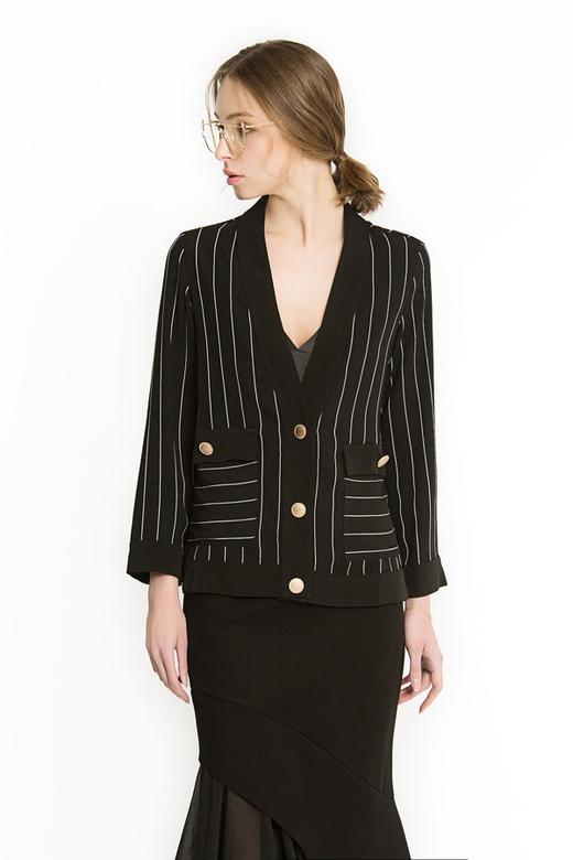 ROSEHOO 黑色V领条纹开衫 1154 商品图0