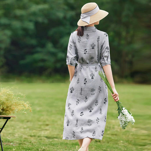 文艺绣花亚麻连衣裙，纯色翻领中国风盘扣长裙YM-S363 商品图3