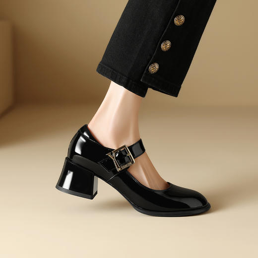 春季新款，小香风牛漆皮圆头中跟单鞋肥脚TZ-124 商品图8
