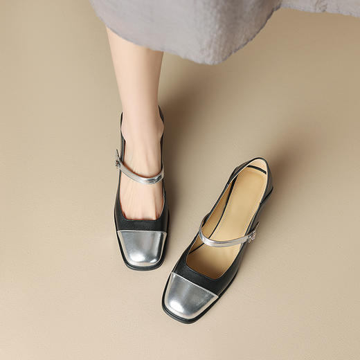 优雅百搭，真皮拼接平头浅口高跟单鞋WC-M7137 商品图4