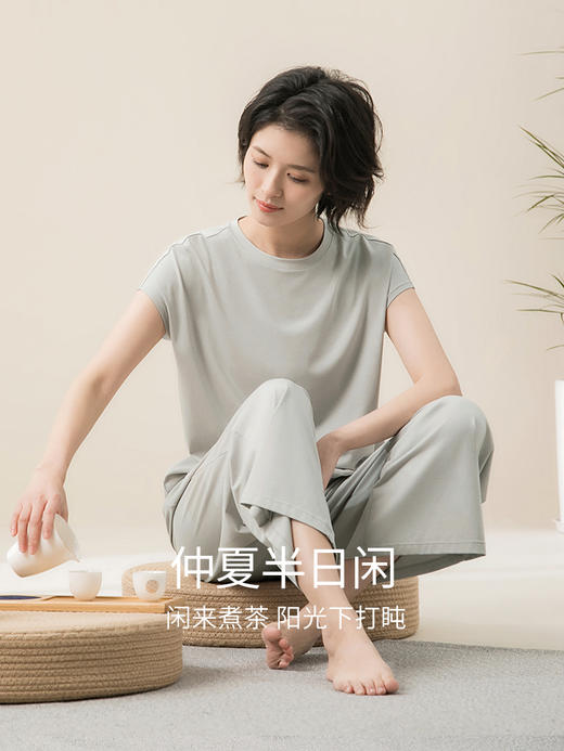 康妮雅睡衣女夏季女式短袖长裤套头套装 商品图3