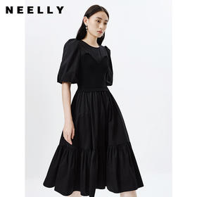 NEELLY纳俪商场同款圆领春季黑色法式连衣裙女针织拼接A字大摆裙N23031Y01153