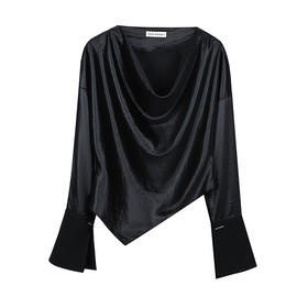 荡领斜摆落肩拼袖上衣