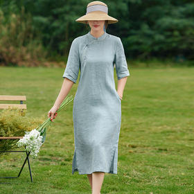 文艺绣花立领侧开叉，改良旗袍亚麻连衣裙YM-C009