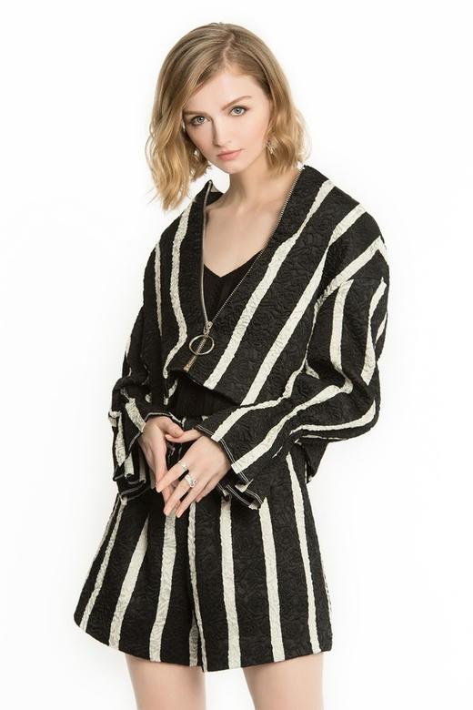 ROSEHOO 黑白撞色竖条纹夹克 1164 商品图0