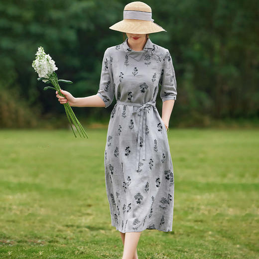 文艺绣花亚麻连衣裙，纯色翻领中国风盘扣长裙YM-S363 商品图1