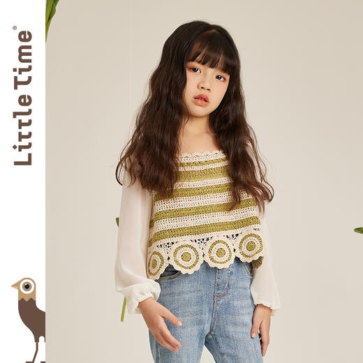 littletime女童法式文艺长袖衬衫2023春秋新款针织钩针衬衫上衣 商品图0