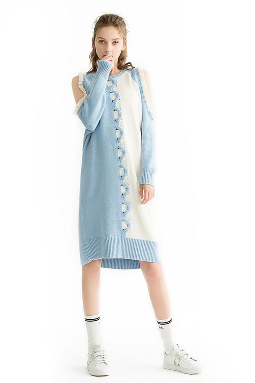 JUNNE 蓝白撞色露肩针织连衣裙 1135 商品图0