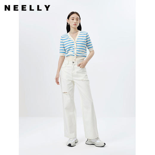 NEELLY纳俪商场同款气质V领短袖条纹针织衫女单排扣套头毛衣开衫N23031A01142 商品图1