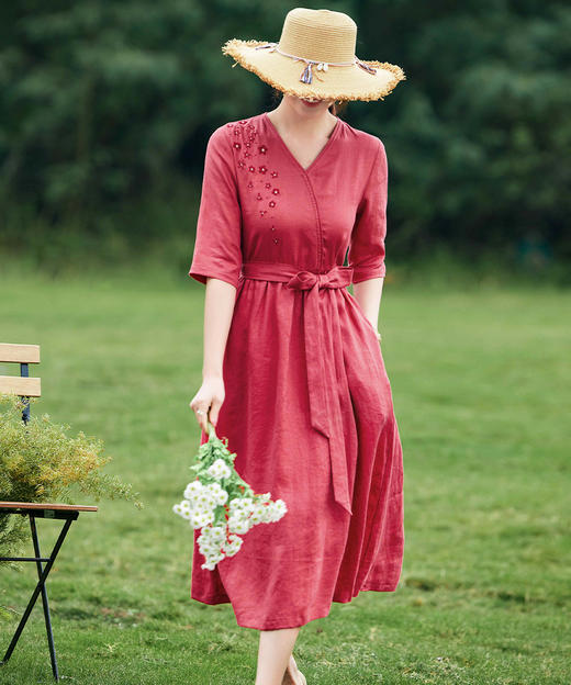 复古亚麻连衣裙，原创刺绣花朵V领中袖优雅长裙YM-C003 商品图0