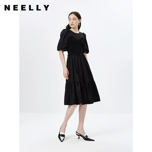 NEELLY纳俪商场同款圆领春季黑色法式连衣裙女针织拼接A字大摆裙N23031Y01153 商品图1
