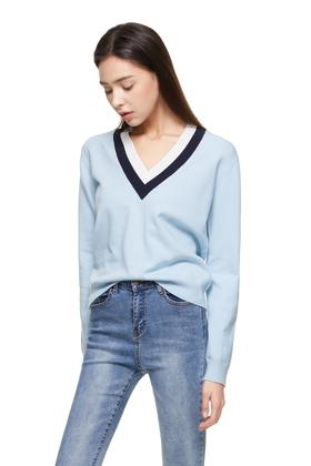 ELLA JADE 拼色V字条纹蓝色毛衫 8877