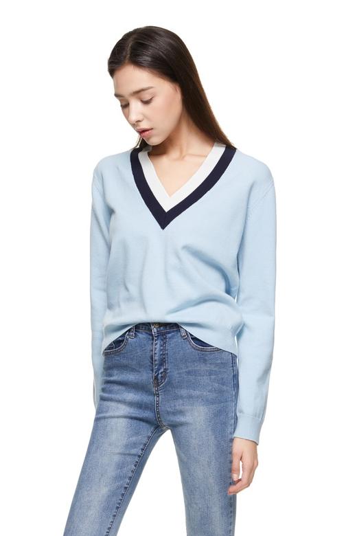 ELLA JADE 拼色V字条纹蓝色毛衫 8877 商品图0