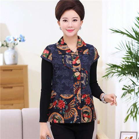 B7360妈妈装春秋薄款马甲中老年女装短款外套老年人坎肩民族风大码背心 商品图0