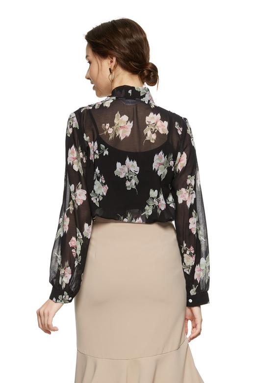 ANSUABEL 黑色半透印花系带上衣 8906 商品图2