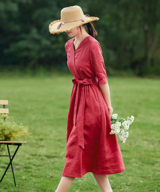 复古亚麻连衣裙，原创刺绣花朵V领中袖优雅长裙YM-C003 商品图1