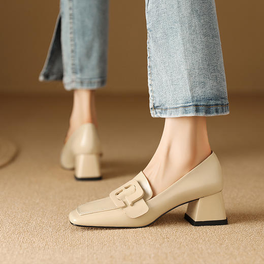 春季新款，开边珠牛皮方头中跟深口单鞋TZ-130 商品图4