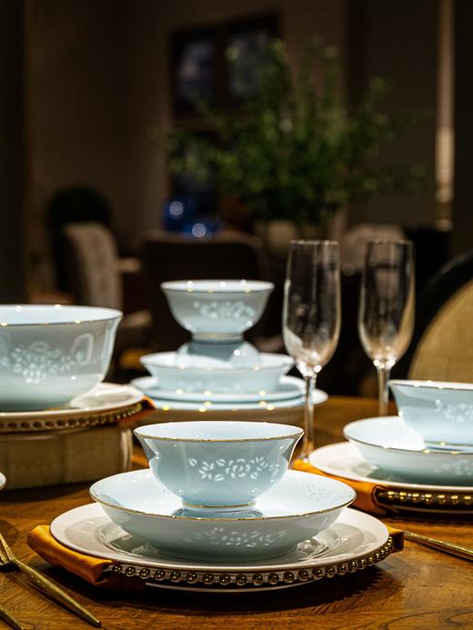 富玉 景德镇陶瓷餐具套组家用玲珑瓷 青釉金枝玉叶餐具 商品图4