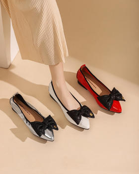 西村名物春季新品漆皮甜美减龄蝴蝶结浅口单鞋T22AE19431