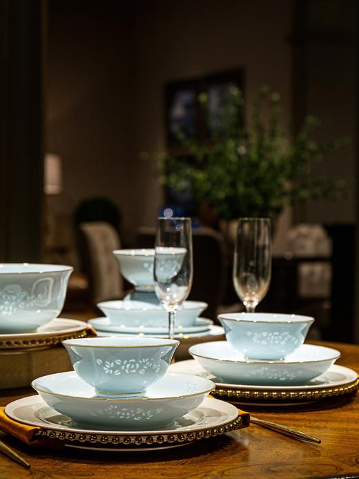 富玉 景德镇陶瓷餐具套组家用玲珑瓷 青釉金枝玉叶餐具 商品图2