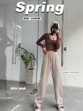 超软“云朵拖地裤” 新款韩版云朵拖地裤 气质通勤 宽松显瘦 休闲开叉长裤高腰显瘦抽绳阔腿裤