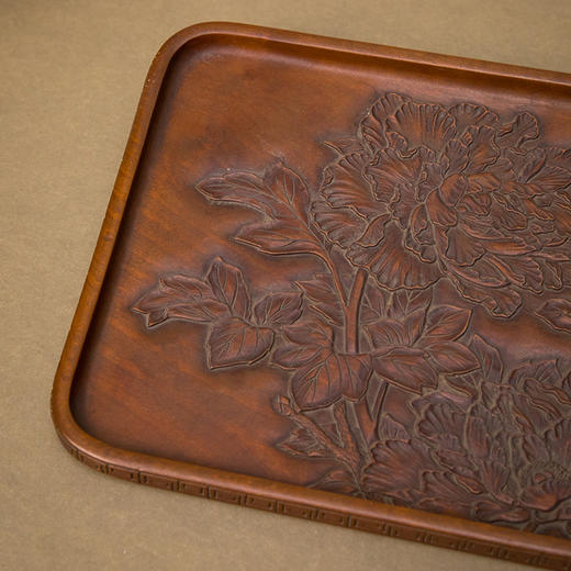 木雕整挖牡丹花卉纹茶盘 商品图1