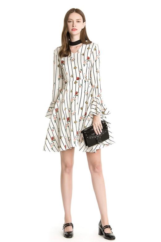 EVA OUXIU伊华欧秀 碎花条纹choker连衣裙 1521 商品图1