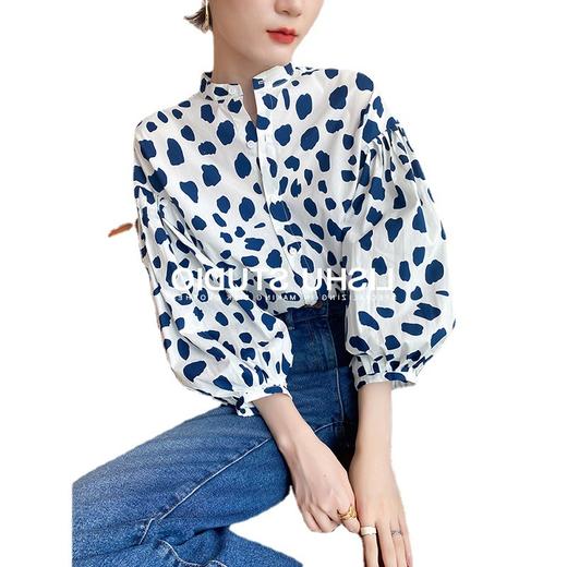 2023年早春复古不规则印花立领衬衫  女设计感灯笼袖时尚百搭上衣薄 商品图4