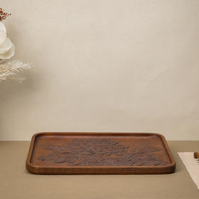 木雕整挖牡丹花卉纹茶盘