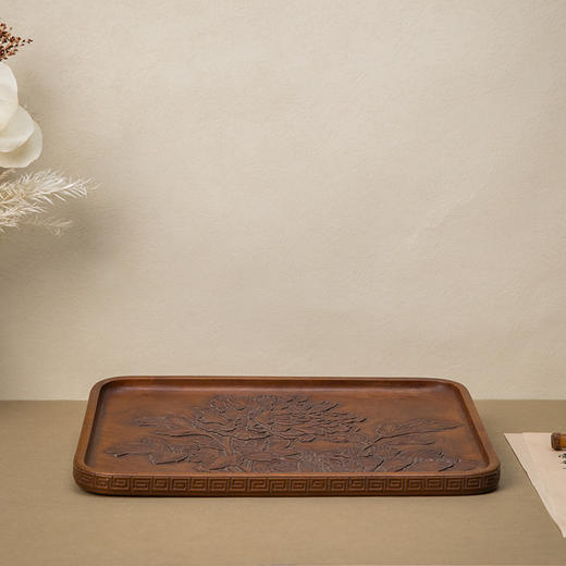 木雕整挖牡丹花卉纹茶盘 商品图0