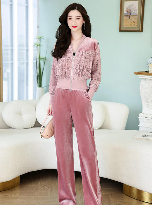 春装时尚两件套，金丝绒蕾丝拼接套装HR-YLFS8826-1 商品图7