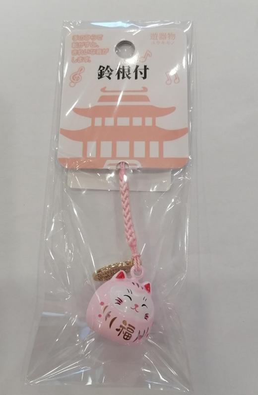 铃根付 和风福猫笑脸水音铃挂件 亮光粉色 商品图0