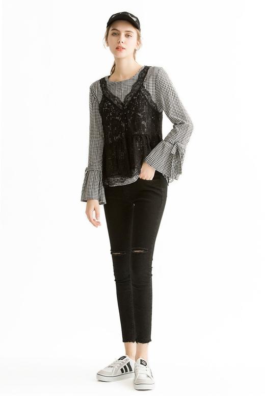 ROEM 仿两件式蕾丝格纹衬衫 1491 商品图1