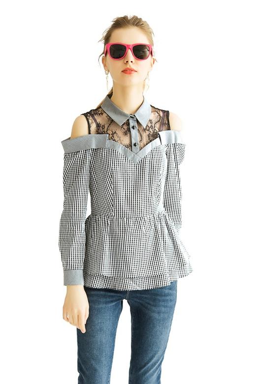 EVA OUXIU伊华欧秀 仿两件格纹蕾丝衬衫 1666 商品图0