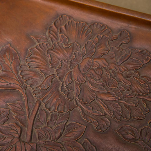 木雕整挖牡丹花卉纹茶盘 商品图2