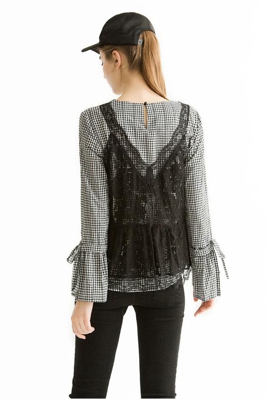 ROEM 仿两件式蕾丝格纹衬衫 1491 商品图3