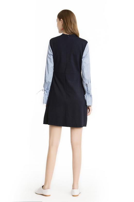 Eifini伊芙丽 深蓝色拼接袖choker连衣裙 1503 商品图3