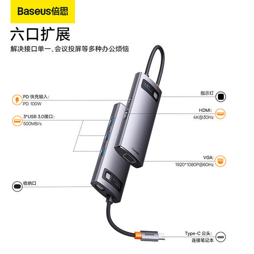 倍思 金属微光系列 六合一多功能Type-C HUB 扩展坞 深空灰 商品图2