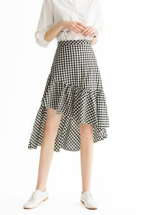 SUMMER & SAGE 黑白格纹个性荷叶边半裙 1468