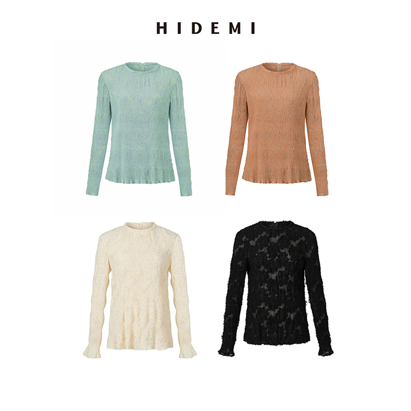 HIDEMI 到店必入艺术感雕花弹力上衣 黑色/米白色/奶油紫/巧克⼒⾊/清风绿