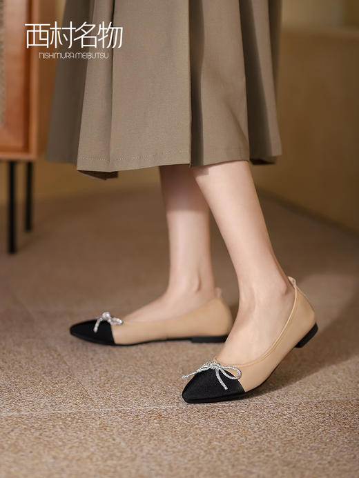 西村名物2022春季新款水钻撞色蝴蝶结甜美平底豆豆鞋女单鞋17681 商品图2