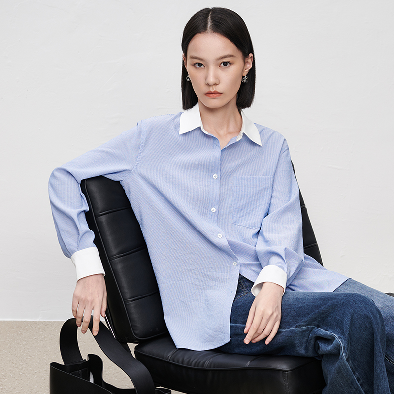 IN AND ON2023春季新款衬衫女条纹拼接百搭显瘦翻领气质上衣52596