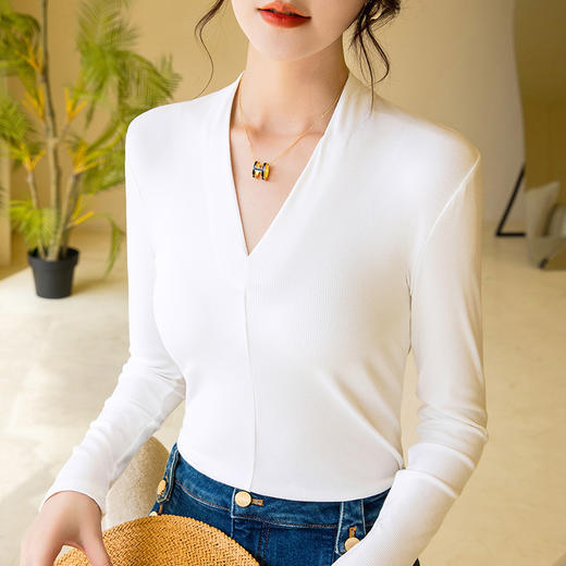 DY330291新款女装性感深V洋气小衫弹力内搭紧身长袖上衣 商品图3