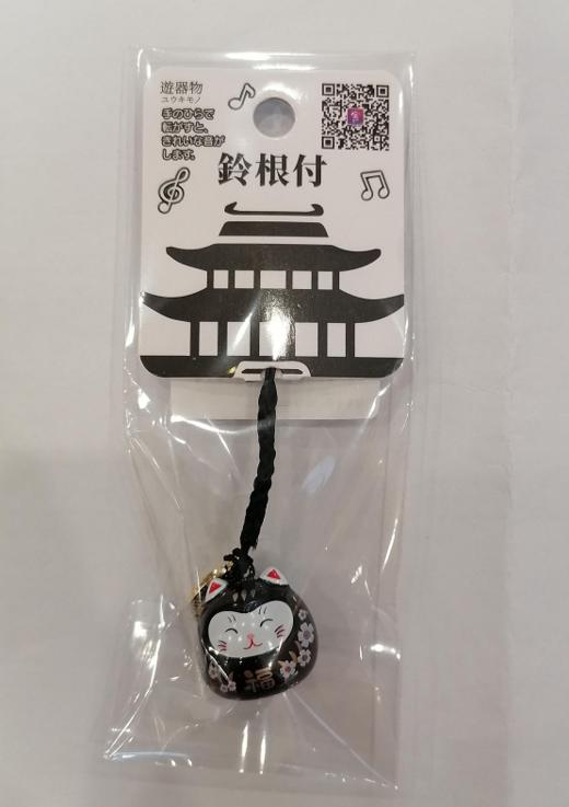 鈴根付 和风福猫笑脸水音鈴挂件 亮光黑色 商品图0