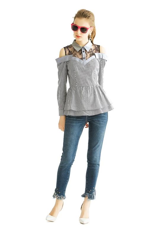 EVA OUXIU伊华欧秀 仿两件格纹蕾丝衬衫 1666 商品图1